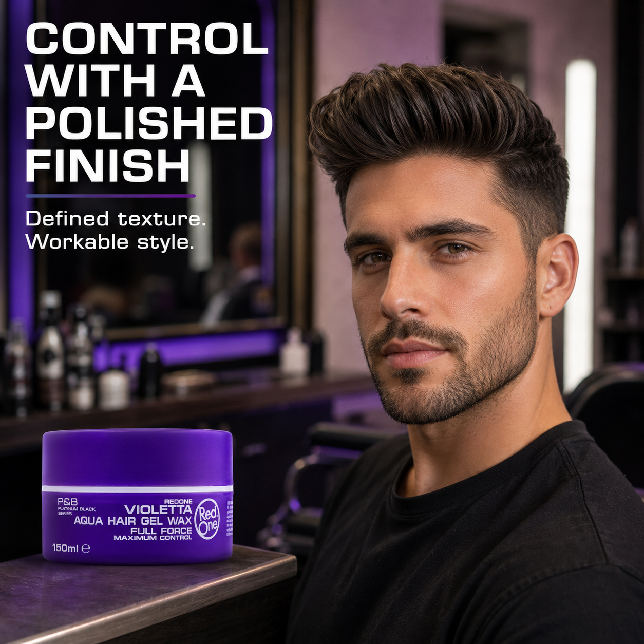 Controlled polished hairstyle using RedOne Aqua Hair Gel Wax Full Force Violetta 150ml