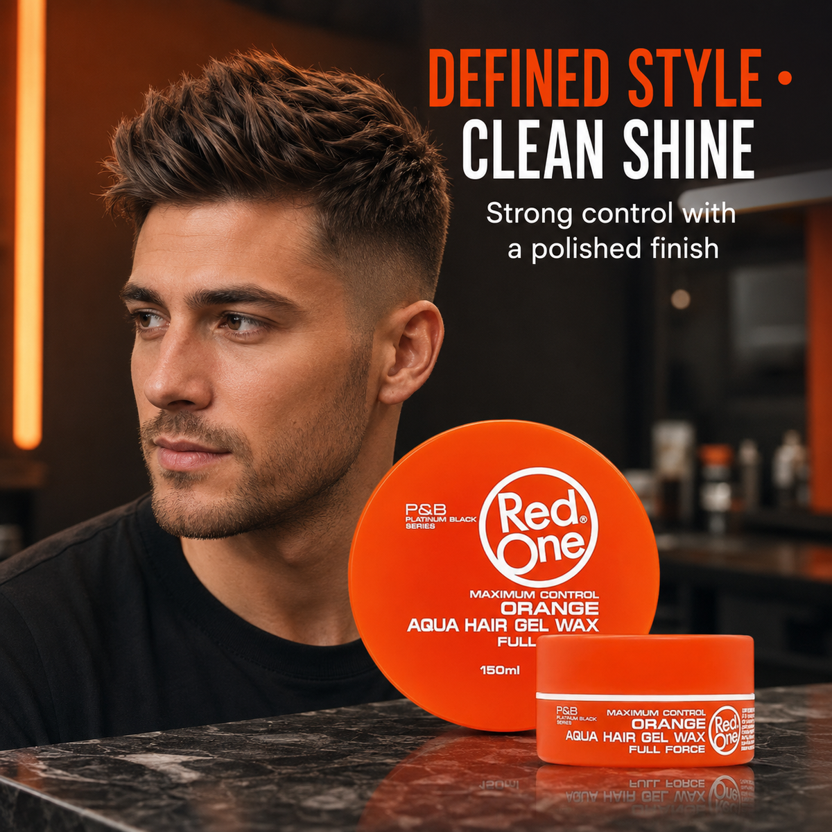 Defined hairstyle with clean shine using RedOne Orange Hair Wax 150ml