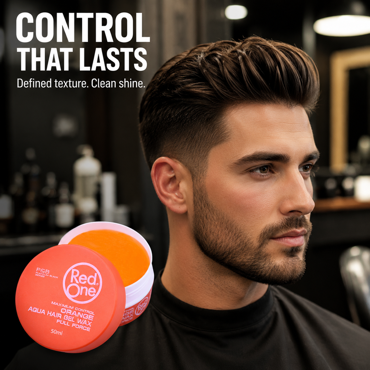 Controlled textured hairstyle using RedOne Aqua Hair Gel Wax Full Force Orange 50ml