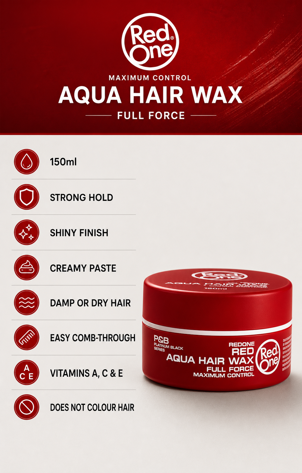 RedOne Aqua Hair Wax Full Force Red 150ml product facts and styling benefits