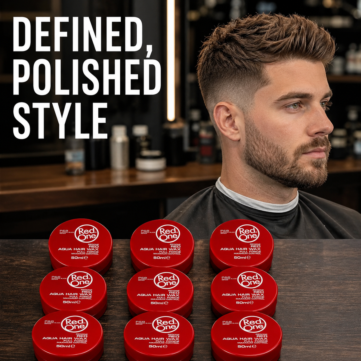 Defined polished hairstyle with nine RedOne Full Force Red 50ml hair wax tins