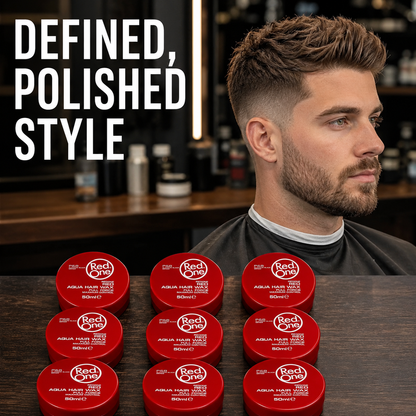 Defined polished hairstyle with nine RedOne Full Force Red 50ml hair wax tins