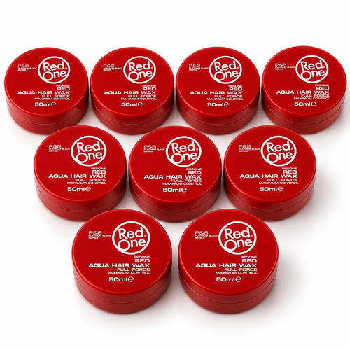 Nine RedOne Aqua Hair Wax Full Force Red 50ml tubs arranged on a white background