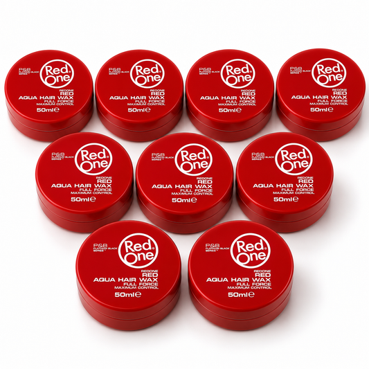 Nine RedOne Aqua Hair Wax Full Force Red 50ml tubs arranged on a white background