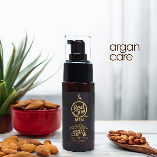 RedOne Argan Beard & Moustache Care Oil 50ml pump bottle in lifestyle setting