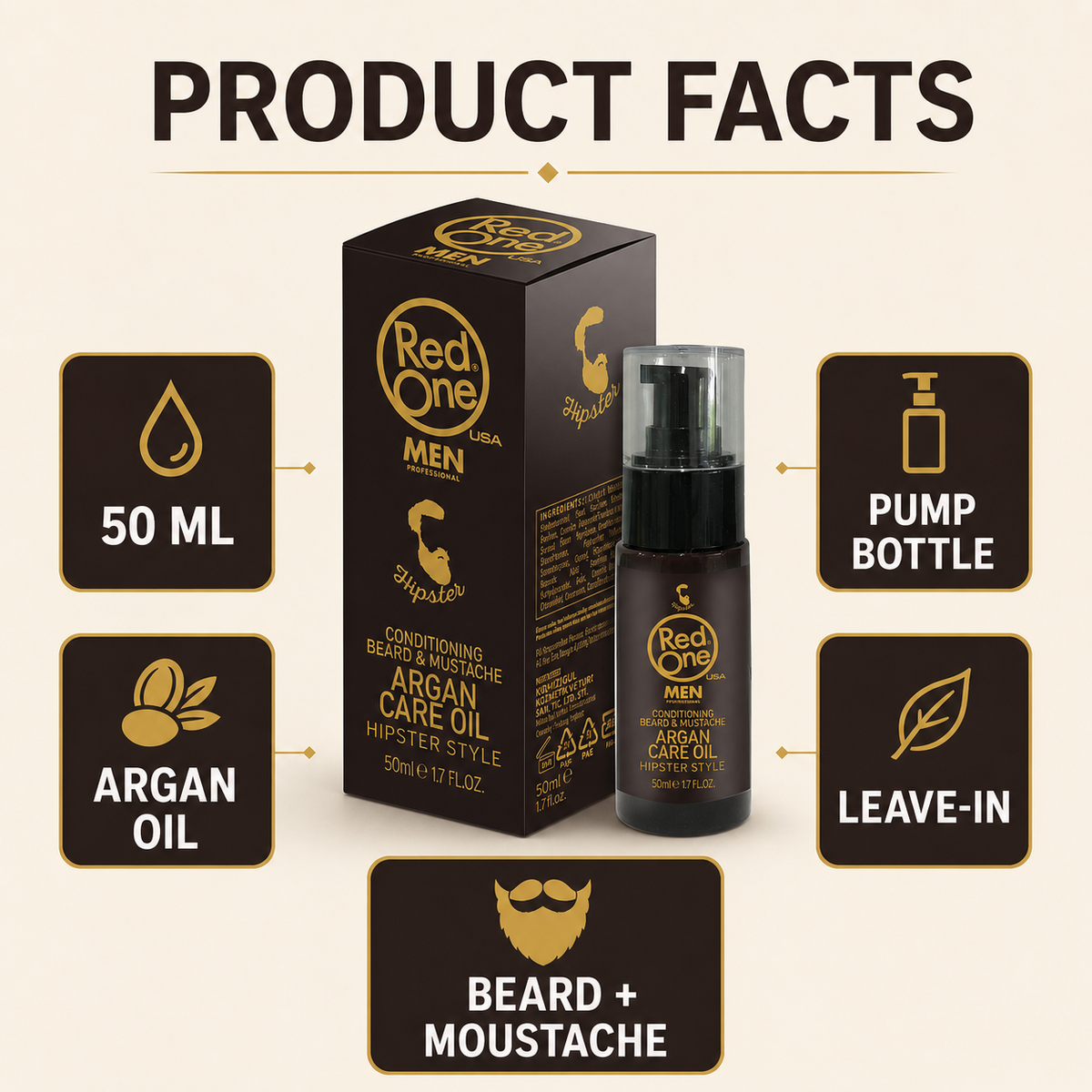 RedOne Argan Beard Care Oil 50ml product facts and pump bottle