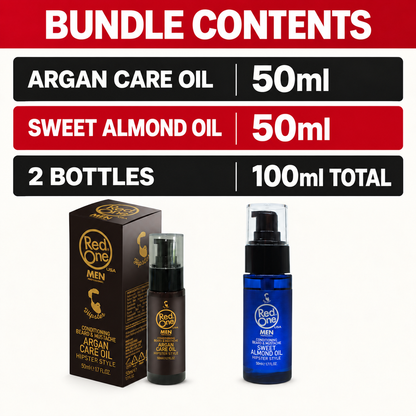 RedOne Argan & Sweet Almond Beard Oil Duo – 2 × 50ml contents: 1 × RedOne Sweet Almond Beard Oil 50ml; 1 × RedOne Argan Beard & Moustache Care Oil 50ml