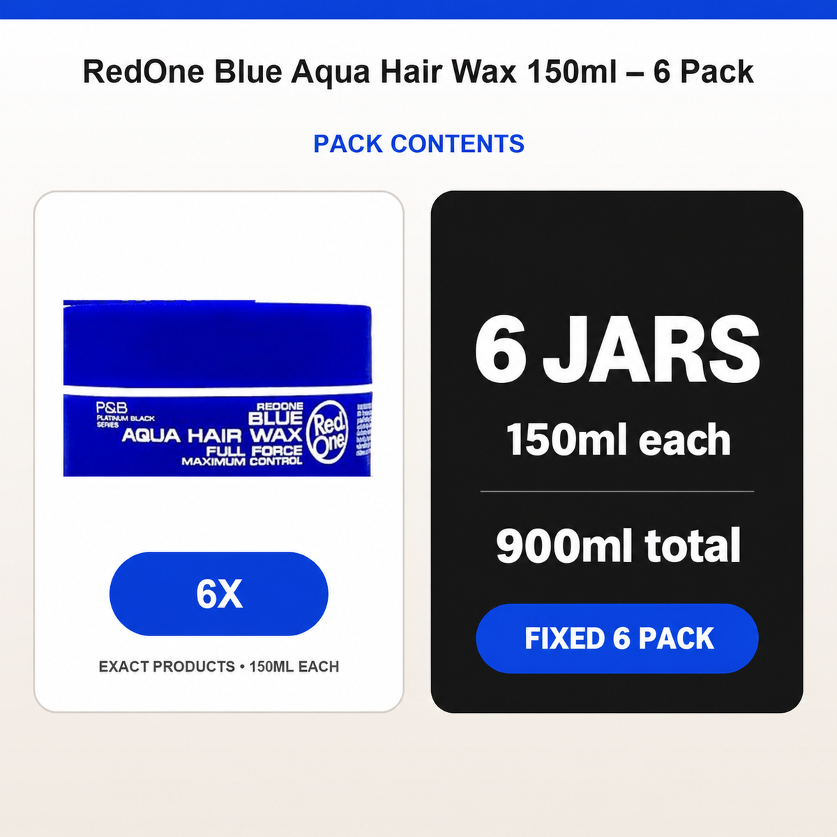 RedOne Blue Aqua Hair Wax 150ml – 6 Pack contents: 6 × RedOne Blue Aqua Hair Wax 150ml; 900ml total