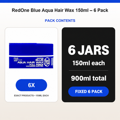 RedOne Blue Aqua Hair Wax 150ml – 6 Pack contents: 6 × RedOne Blue Aqua Hair Wax 150ml; 900ml total