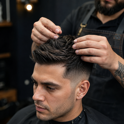 Barber applying RedOne Blue Aqua Hair Wax to short hair