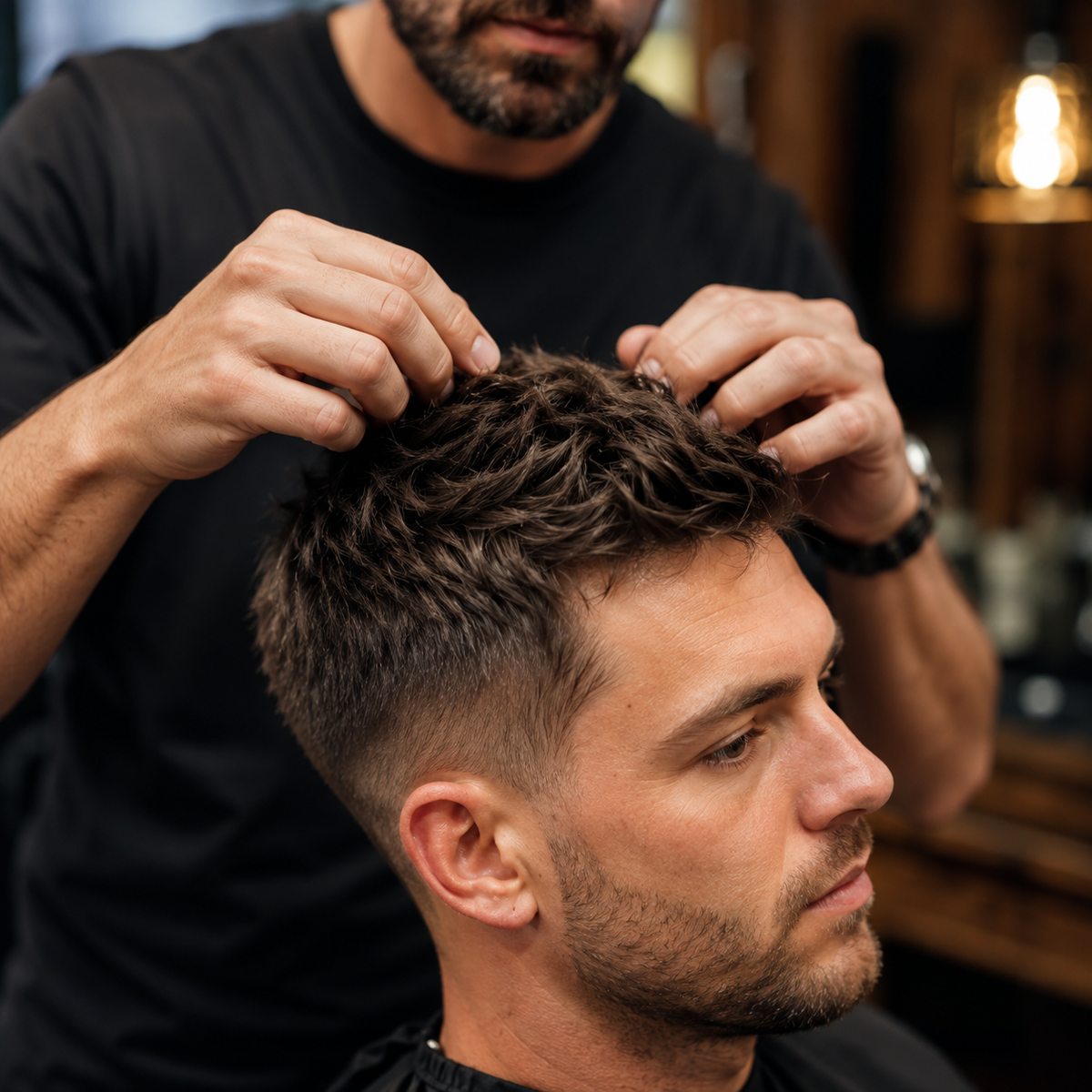 Barber styling short dry hair with clay wax for texture and control
