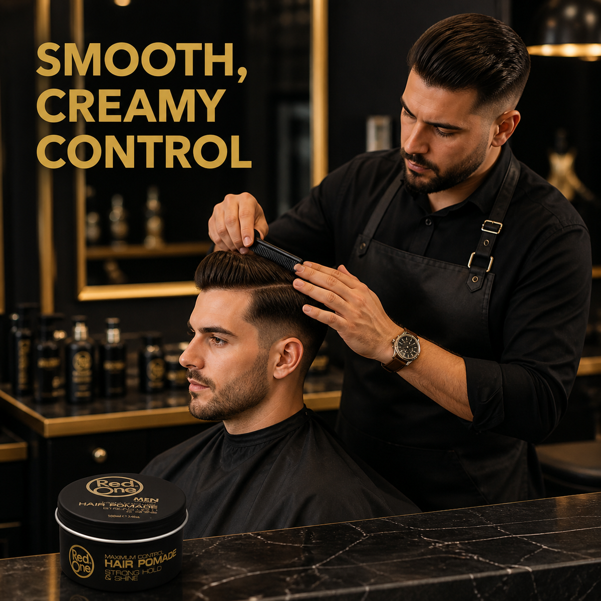 Barber styling hair with RedOne Creative Hair Pomade 100ml - smooth creamy control