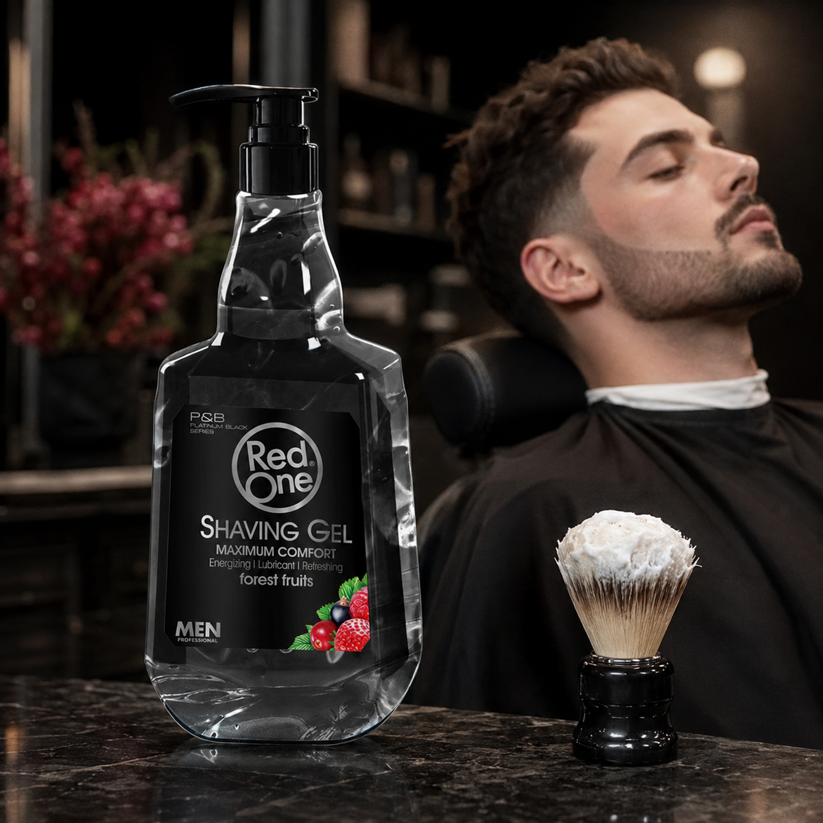 Freshly shaved client with RedOne Fruits Shaving Gel 1000ml tall bottle