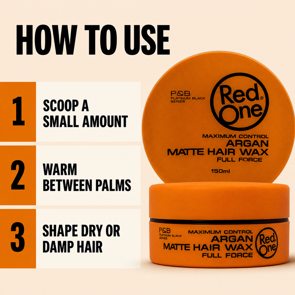 Three-step use guide for RedOne Argan Matte Hair Wax 150ml