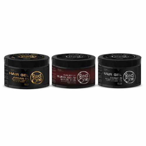 RedOne Argan Oil Bubblegum and Keratin 450ml hair gel trio on white