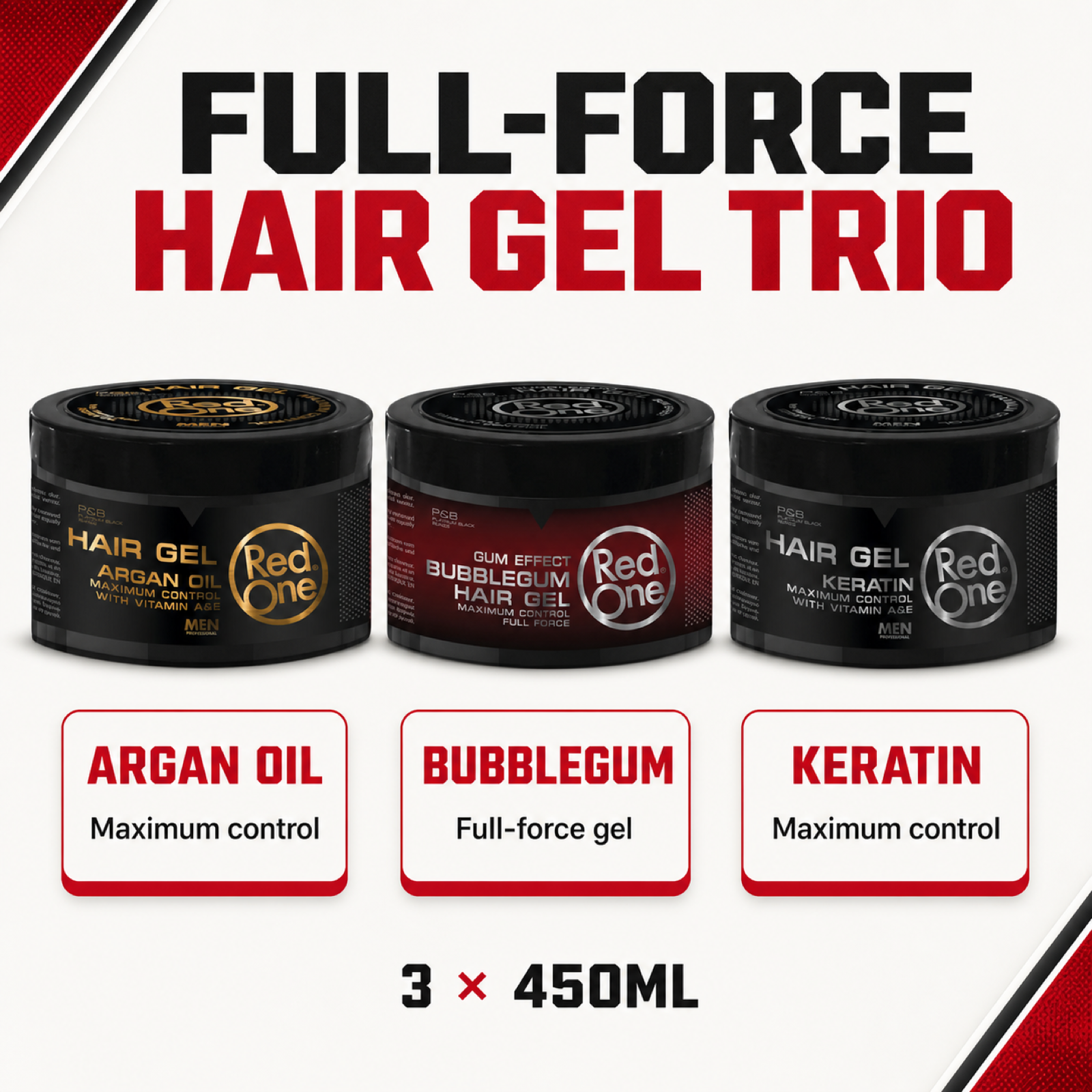 RedOne Full-Force Hair Gel Trio benefits for strong styling control