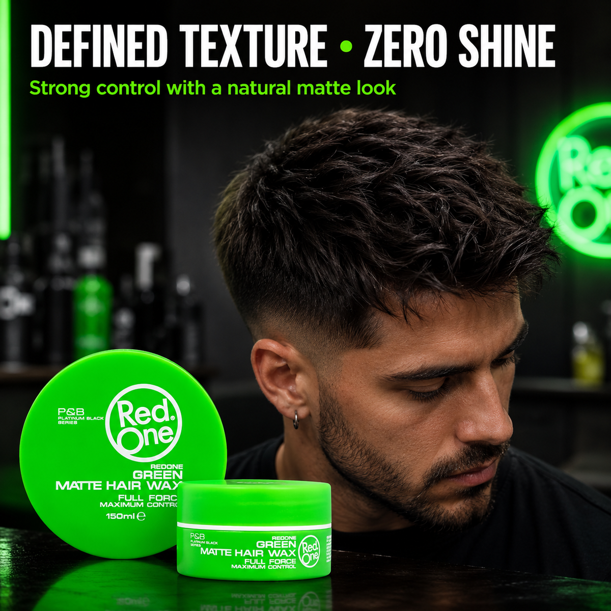 Defined matte hairstyle using RedOne Full Force Matte Green Hair Wax 150ml