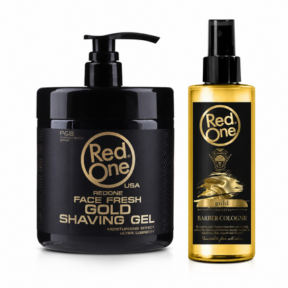 RedOne Gold Shaving Gel 1000ml and Barber Cologne 400ml on white