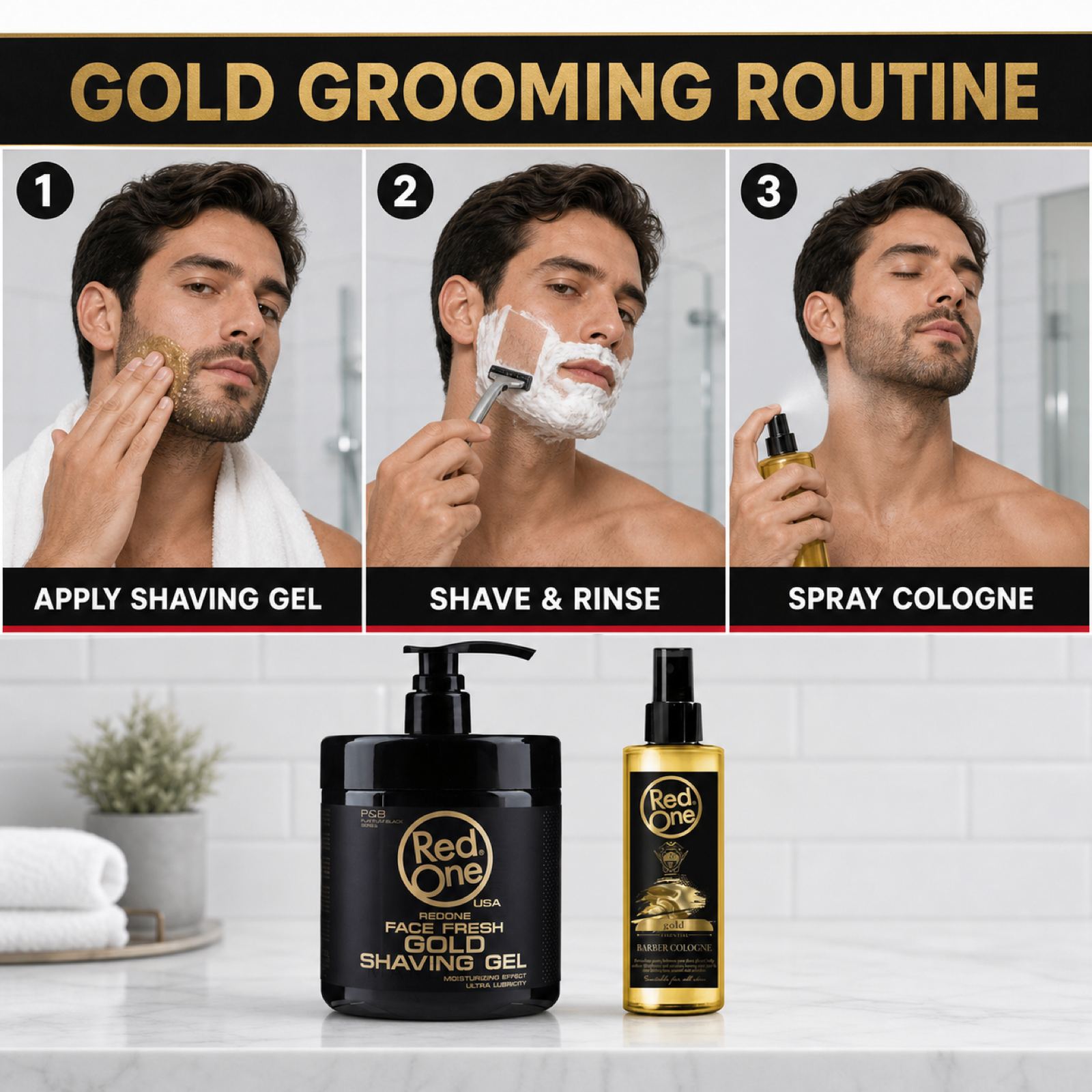RedOne Gold shaving gel then barber cologne two-step routine