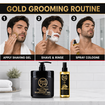 RedOne Gold shaving gel then barber cologne two-step routine