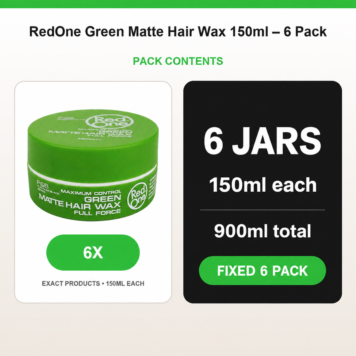RedOne Green Matte Hair Wax 150ml – 6 Pack contents: 6 × RedOne Green Matte Hair Wax 150ml; 900ml total