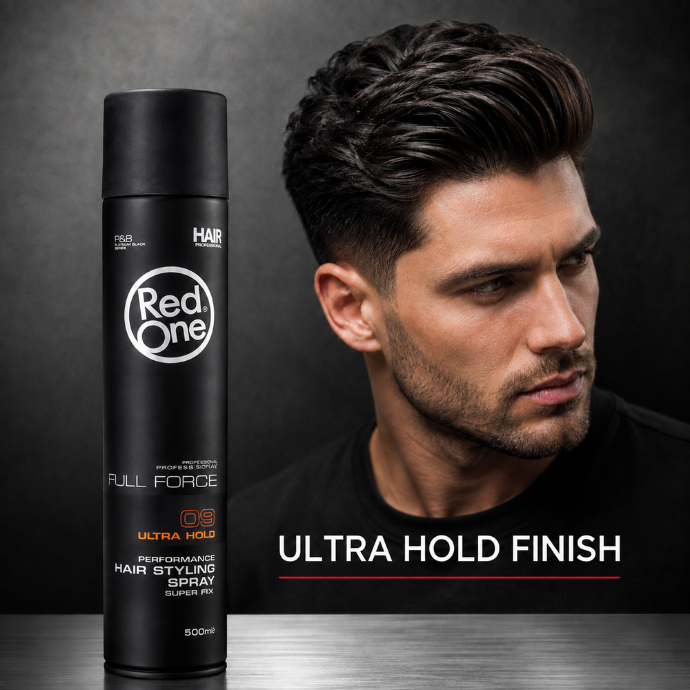 Finished textured hairstyle with RedOne Ultra Hold Hair Styling Spray can