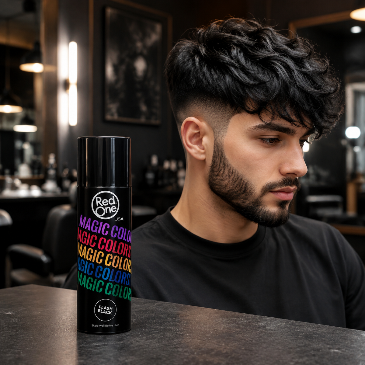 Black temporary hair colour result with RedOne Magic Colour Flash Black 100ml