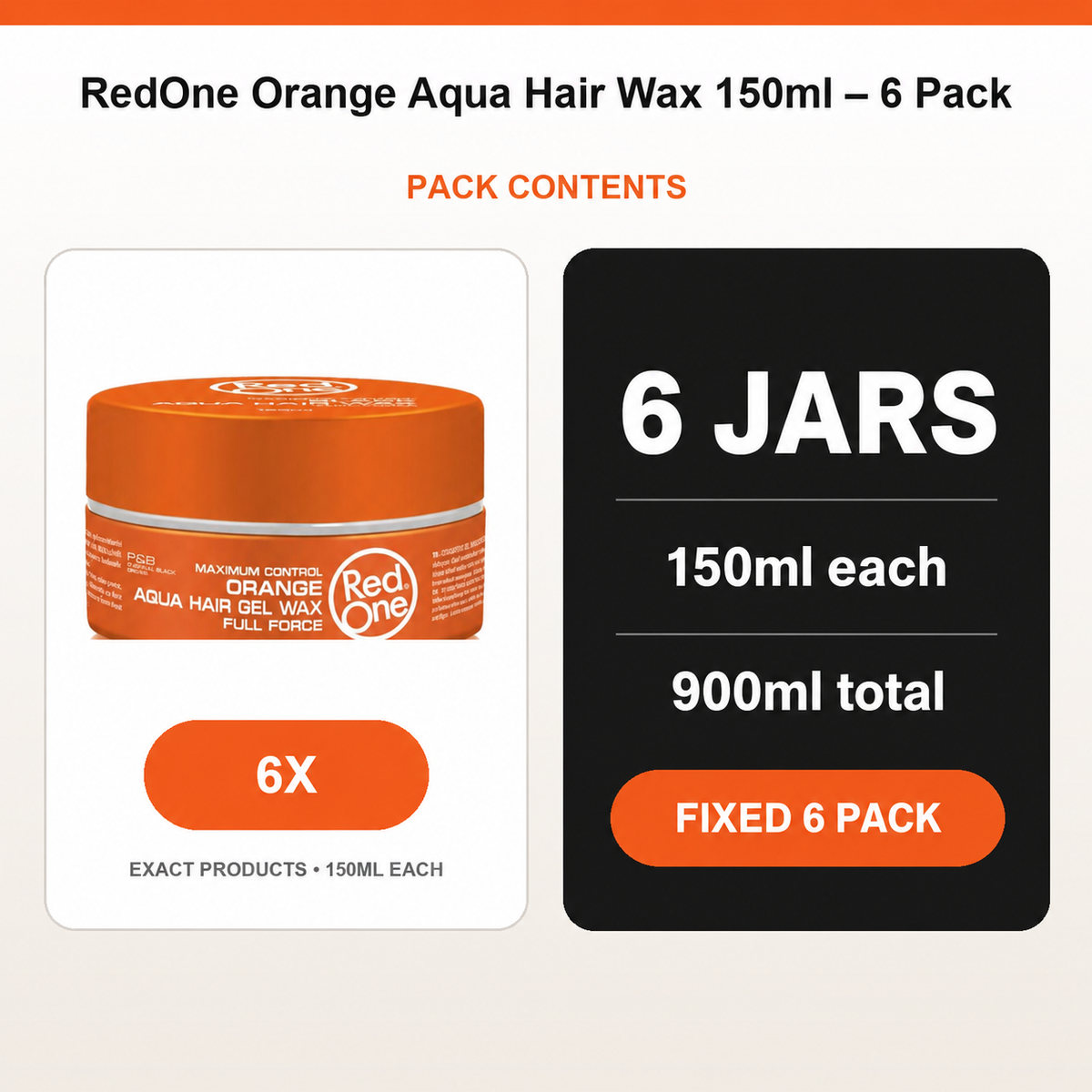 RedOne Orange Aqua Hair Wax 150ml – 6 Pack contents: 6 × RedOne Orange Aqua Hair Wax 150ml; 900ml total