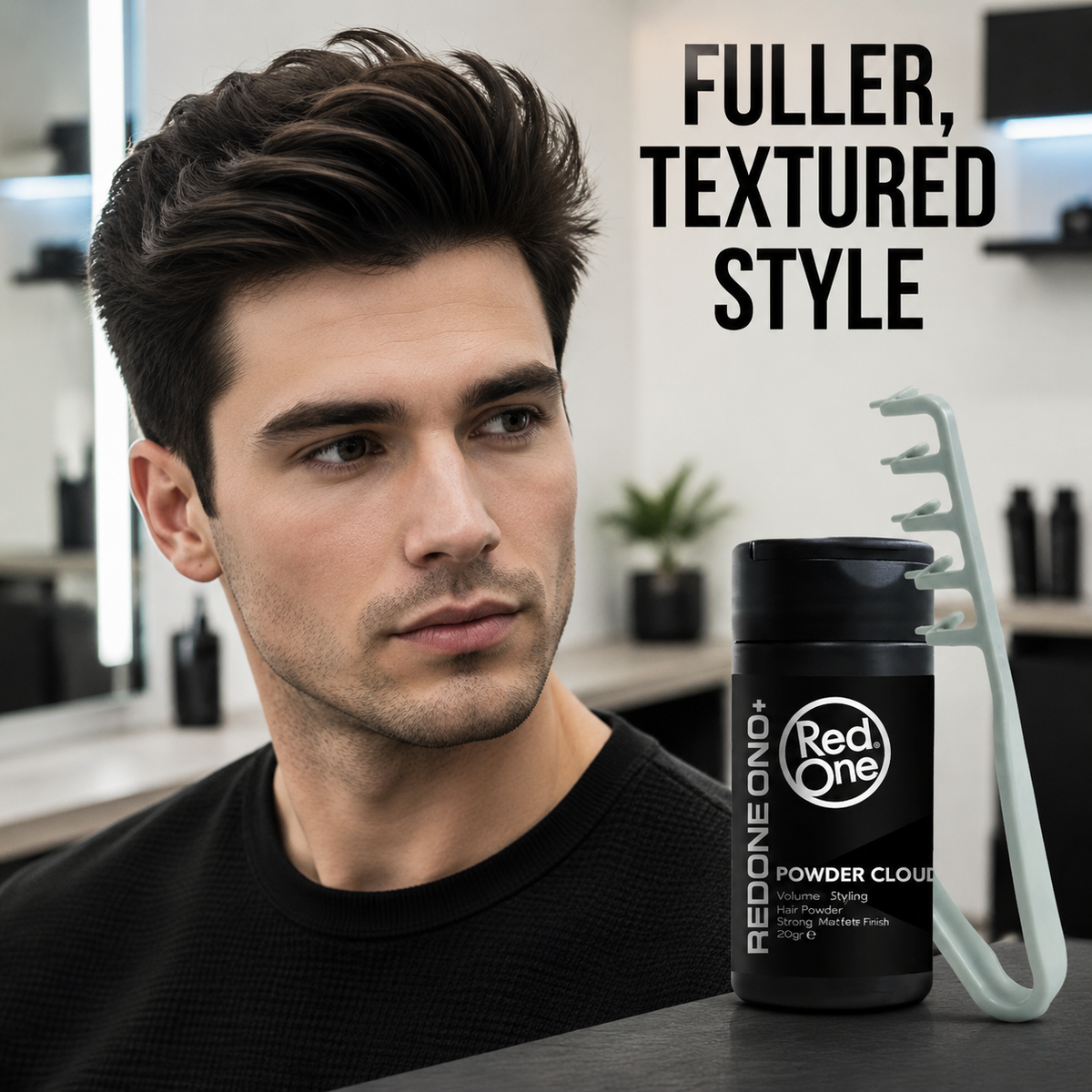 Fuller textured matte hairstyle using RedOne Powder Cloud and texture comb