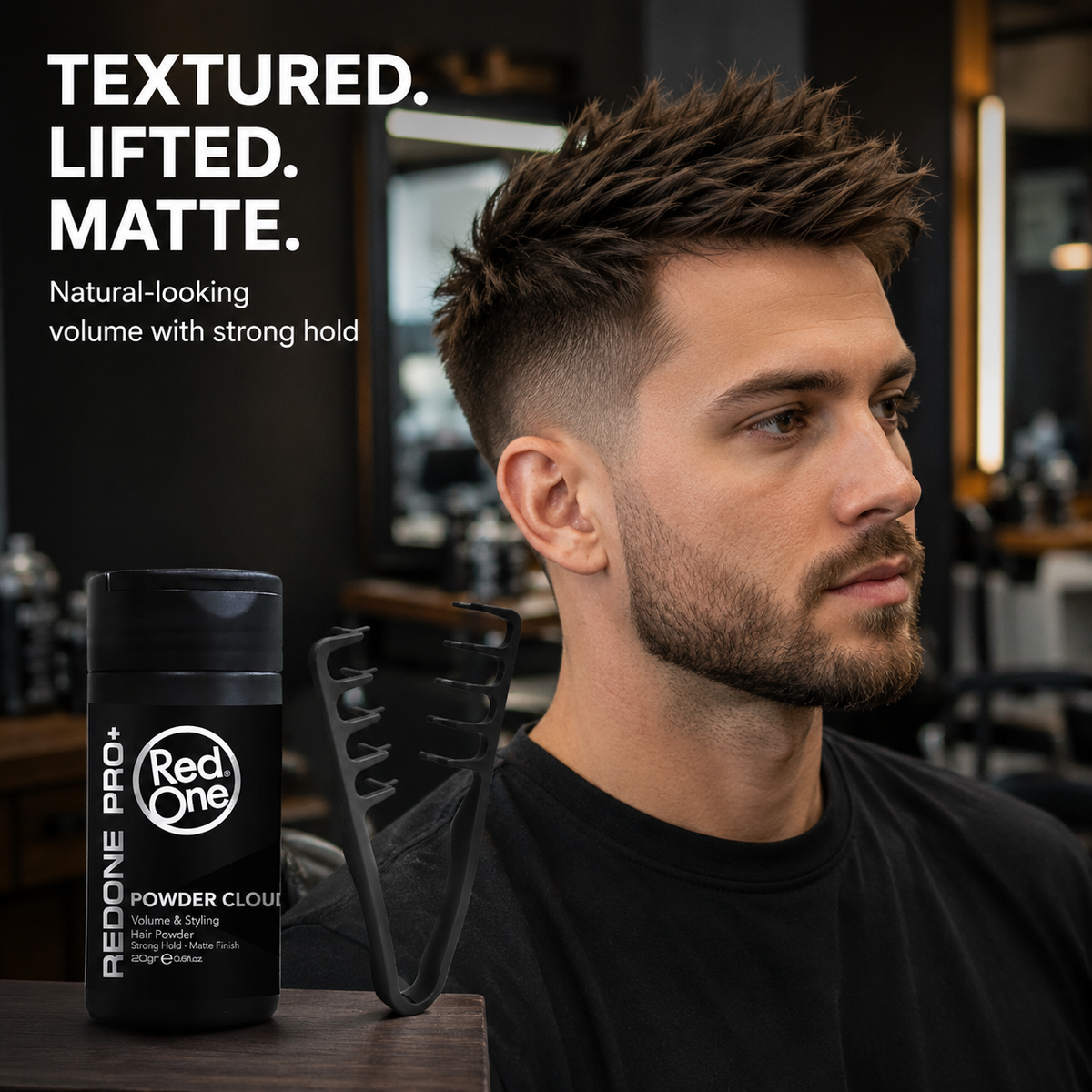 Volumizing Comb and RedOne Powder Wax result – textured lifted matte hairstyle