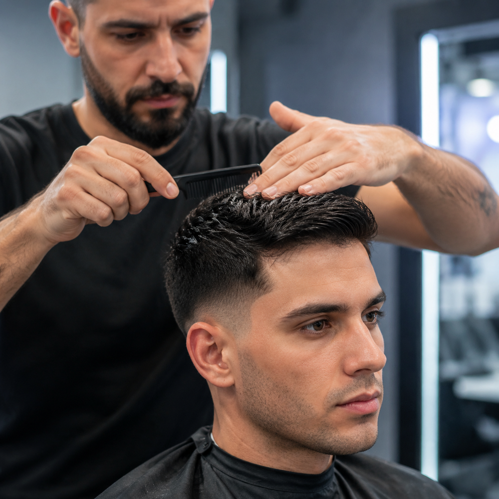 Barber shaping short hair with a comb for wax styling