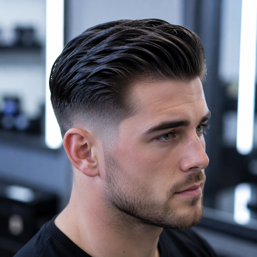 Short hairstyle with a controlled wet-look finish