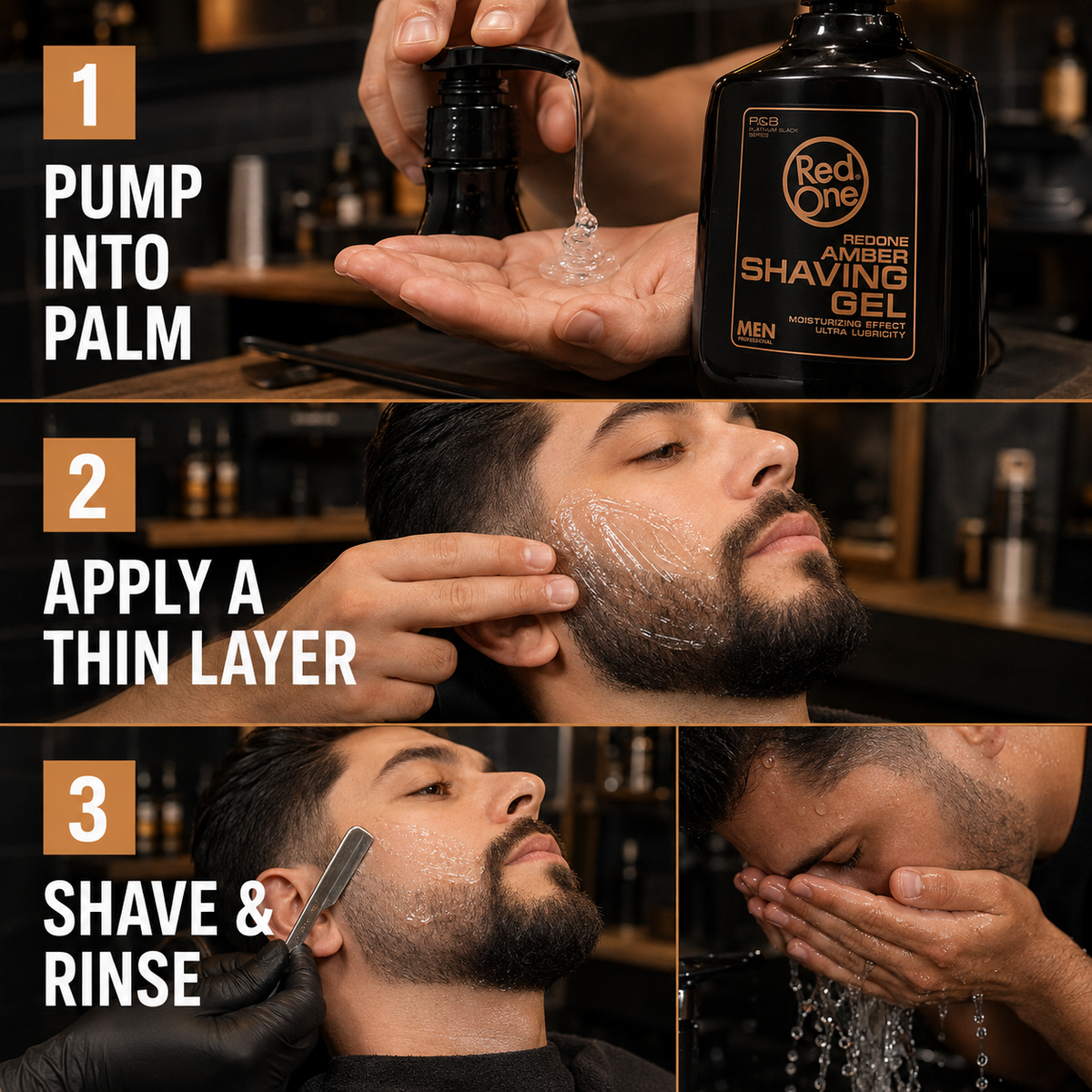 How to pump apply shave and rinse with RedOne Amber Shaving Gel 1000ml