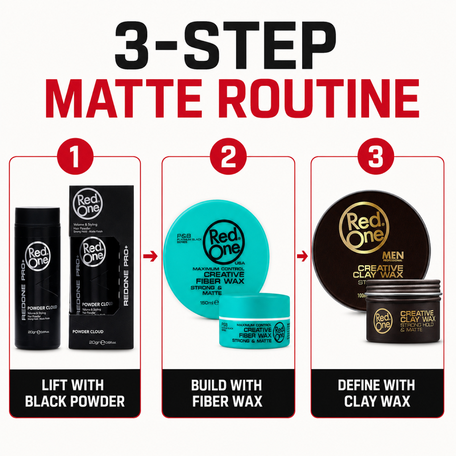 RedOne volumizing powder fiber wax and clay wax styling routine
