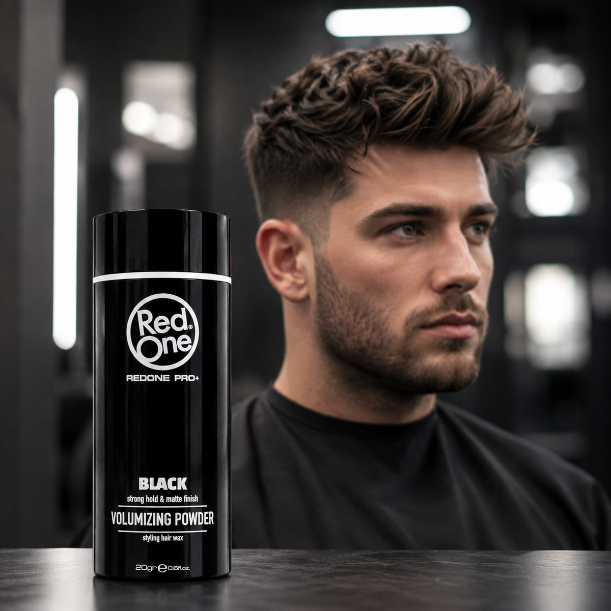 Textured hairstyle created with RedOne Premium Powder Wax Black 20g