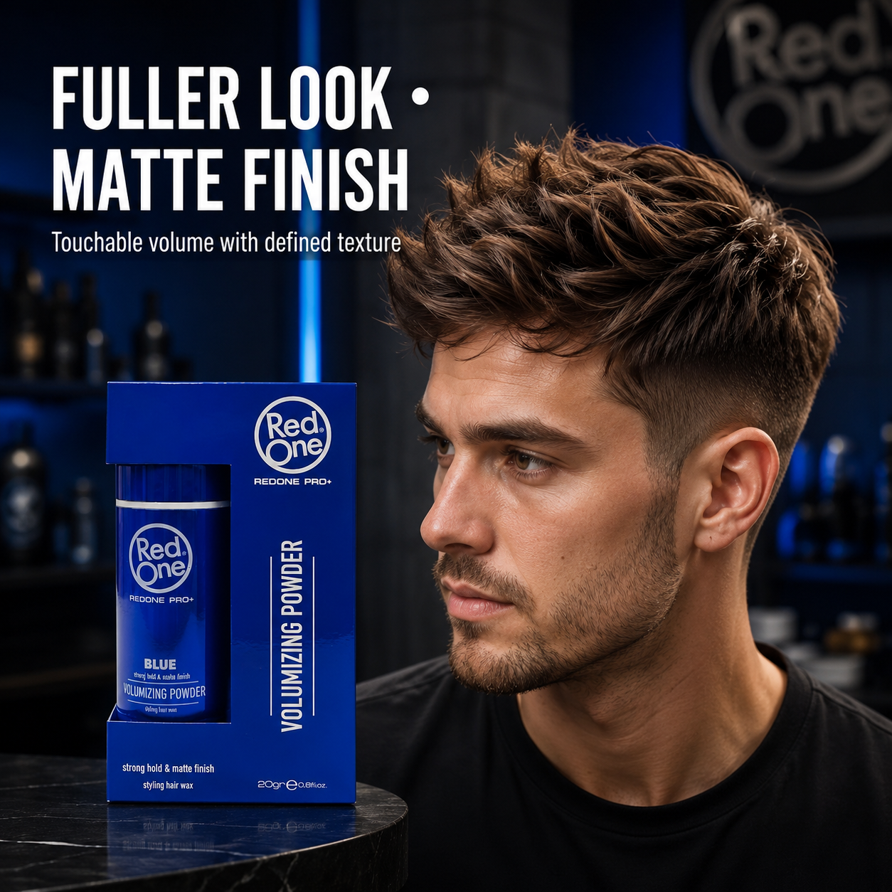 Fuller matte hairstyle using RedOne Volumizing Powder Blue 20g