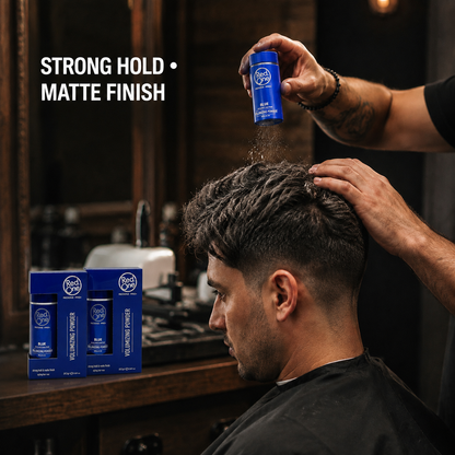 RedOne Blue volumizing powder three-pack used on hair with strong hold matte finish benefit text