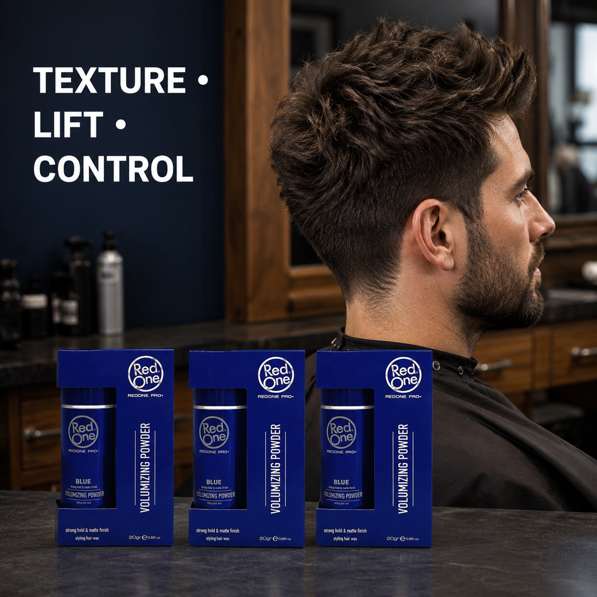 RedOne Blue volumizing powder three-pack with textured hairstyle and texture lift control benefit text