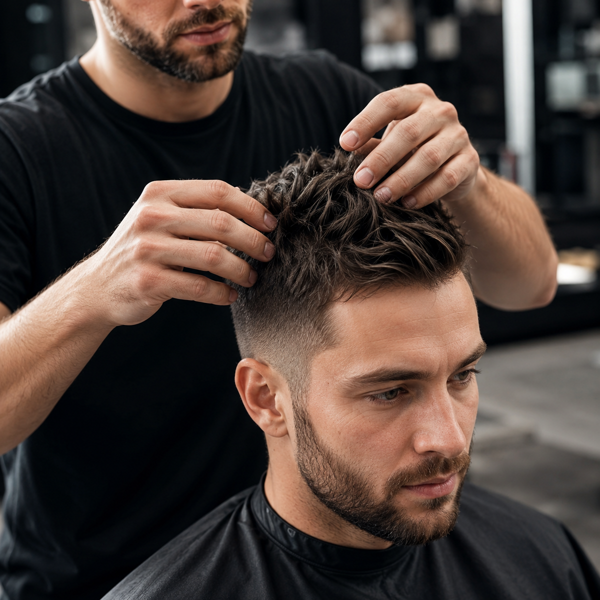 Barber shaping dry hair with styling powder for textured volume