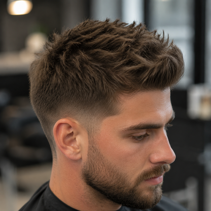 Men's textured hairstyle with lifted volume and a matte finish
