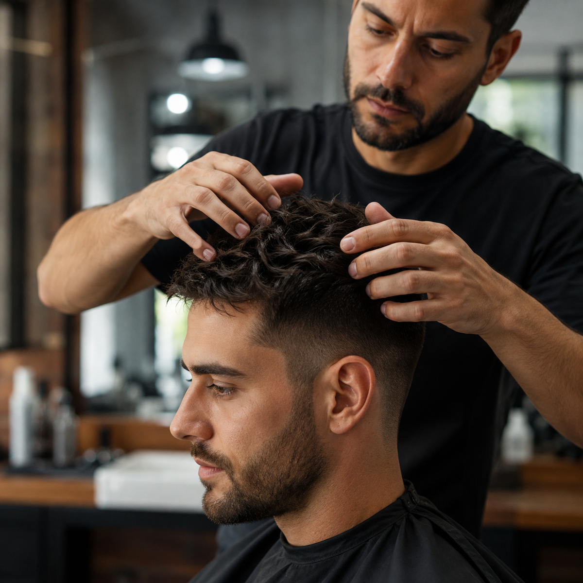 Barber shaping short dark hair with RedOne White Aqua Hair Wax