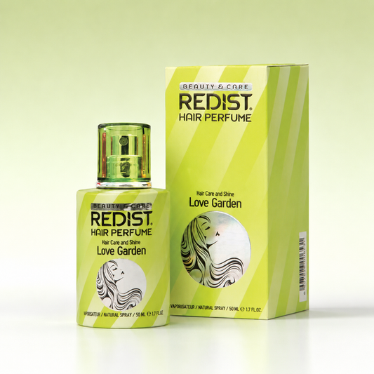 Redist Love Garden 50ml hair perfume bottle and matching lime-green carton