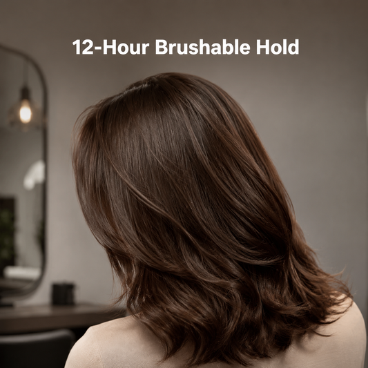 Styled brunette hair with 12-Hour Brushable Hold benefit text