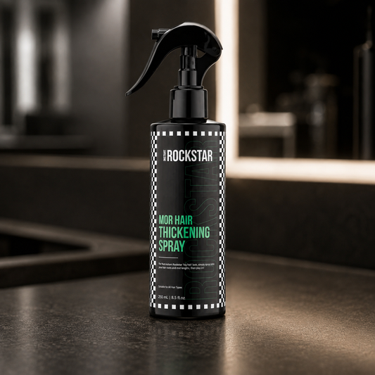 Instant Rockstar Mor Hair Thickening Spray 250ml on a dark salon counter