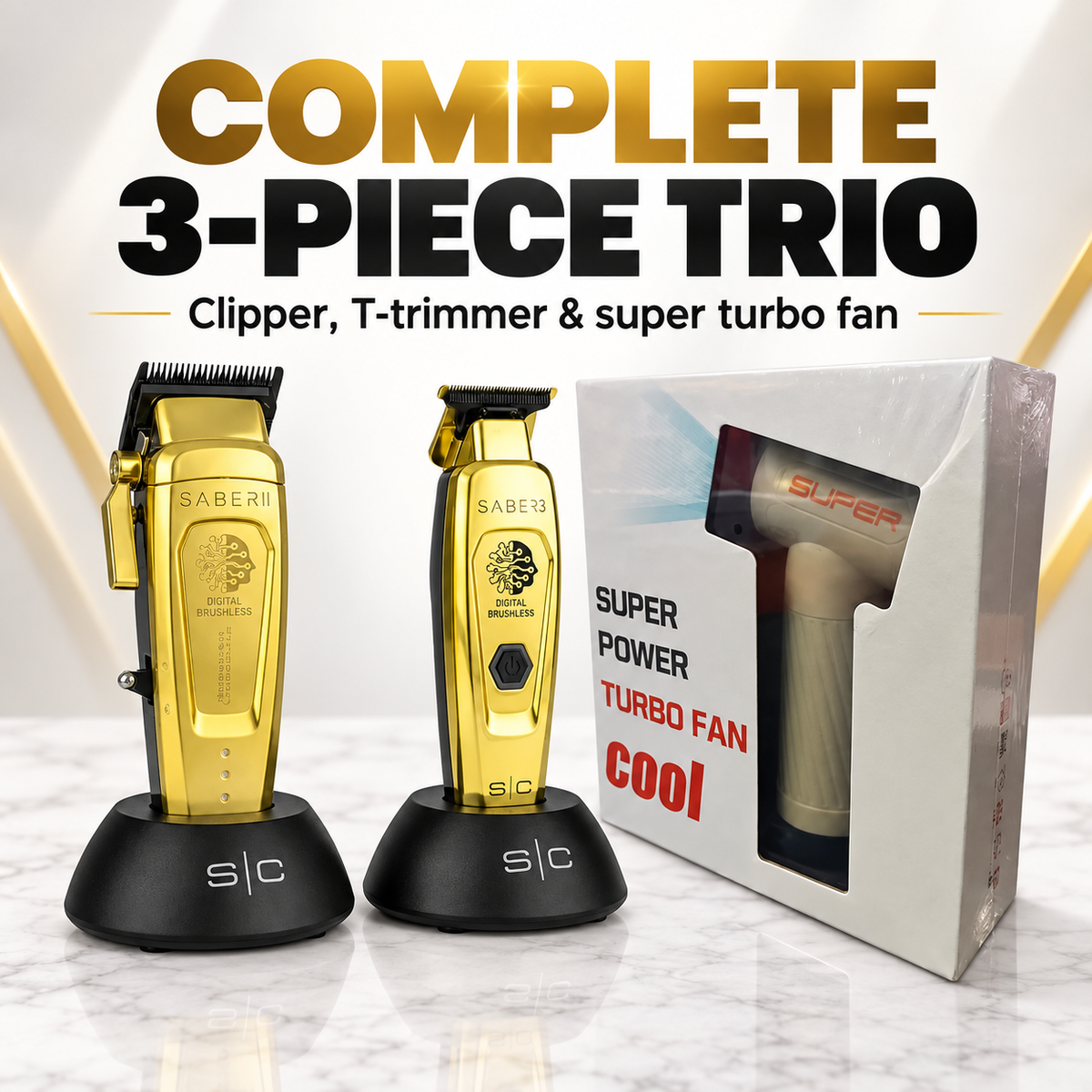 Saber Clipper T-Trimmer and Super Turbo Fan – complete three-piece trio