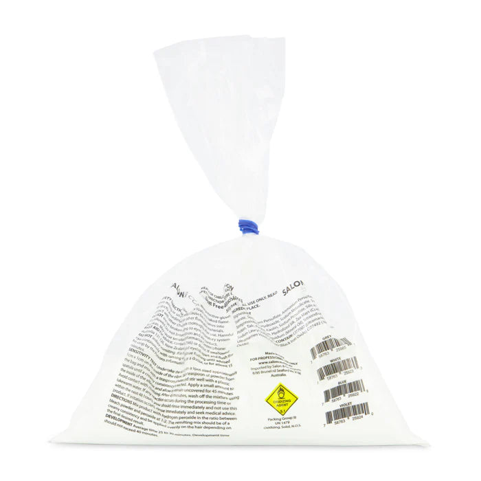 Rear of Salon & Co Powder Bleach 500g bag with directions and colour barcodes