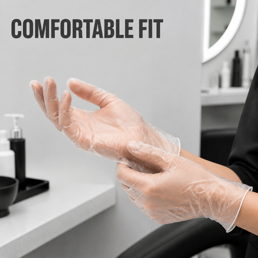 Clear vinyl gloves on hands with Comfortable Fit benefit text
