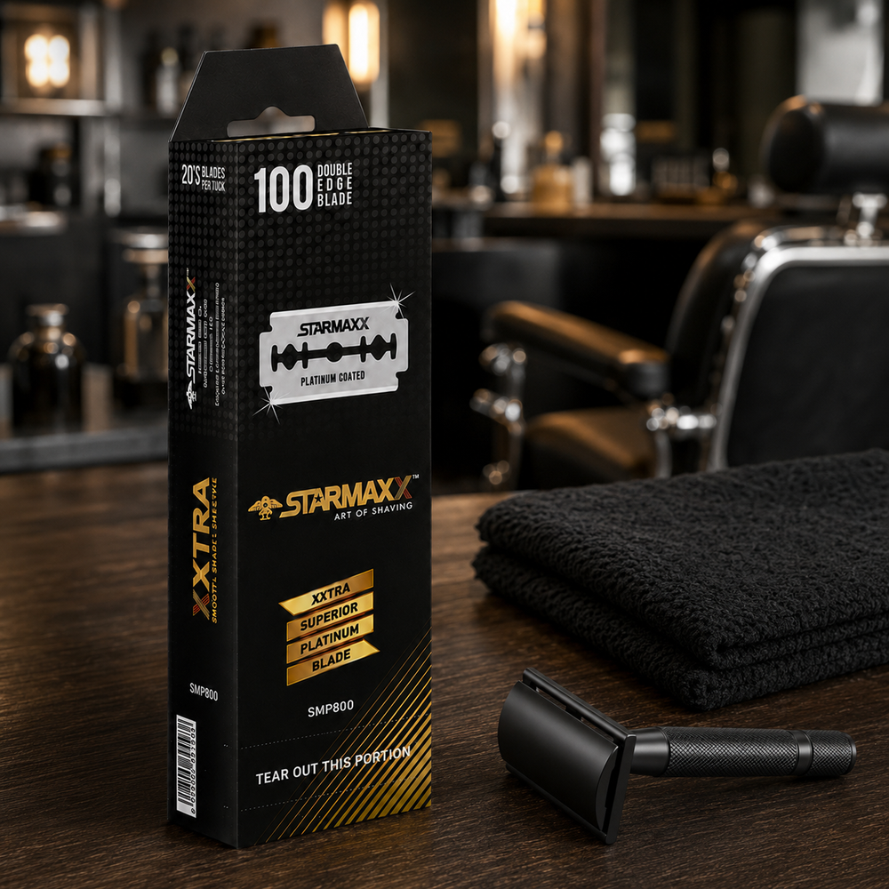 StarMaxx blade box beside a closed safety razor