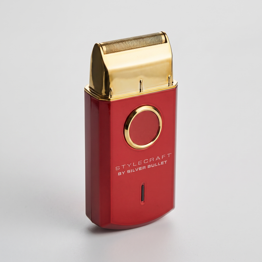 Red StyleCraft by Silver Bullet Uno shaver with gold foil head