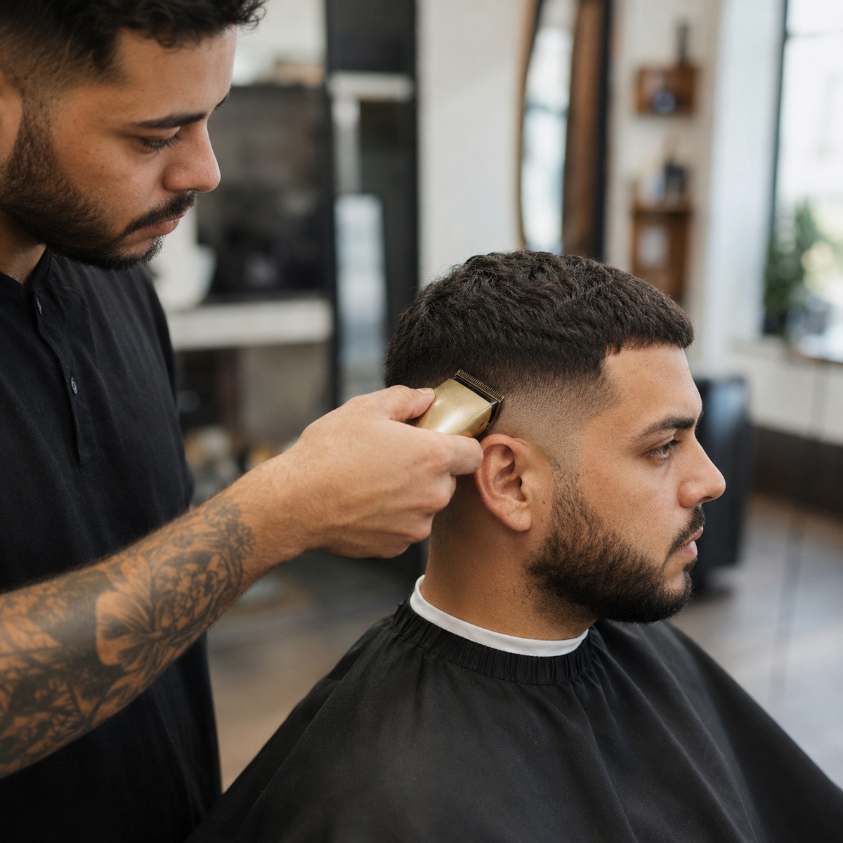 Barber using a cordless gold clipper to create a professional fade haircut